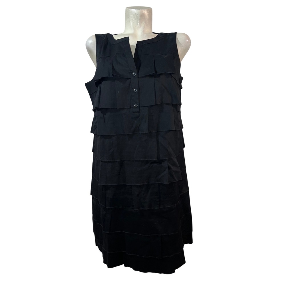 Chicos Black Tiered Ruffle Sleeveless Shift Dress Split Neck Button Front L (2)